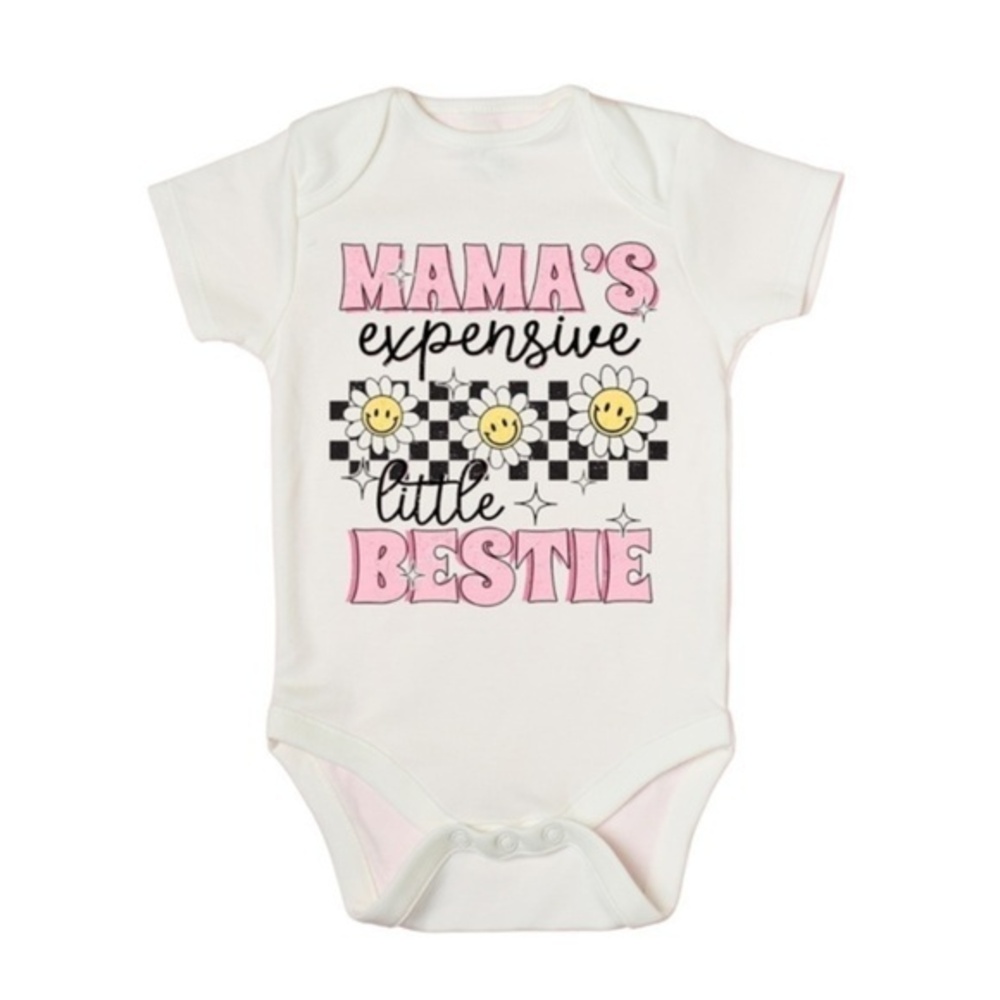 Mama's Expensive Bestie White Baby Onesie